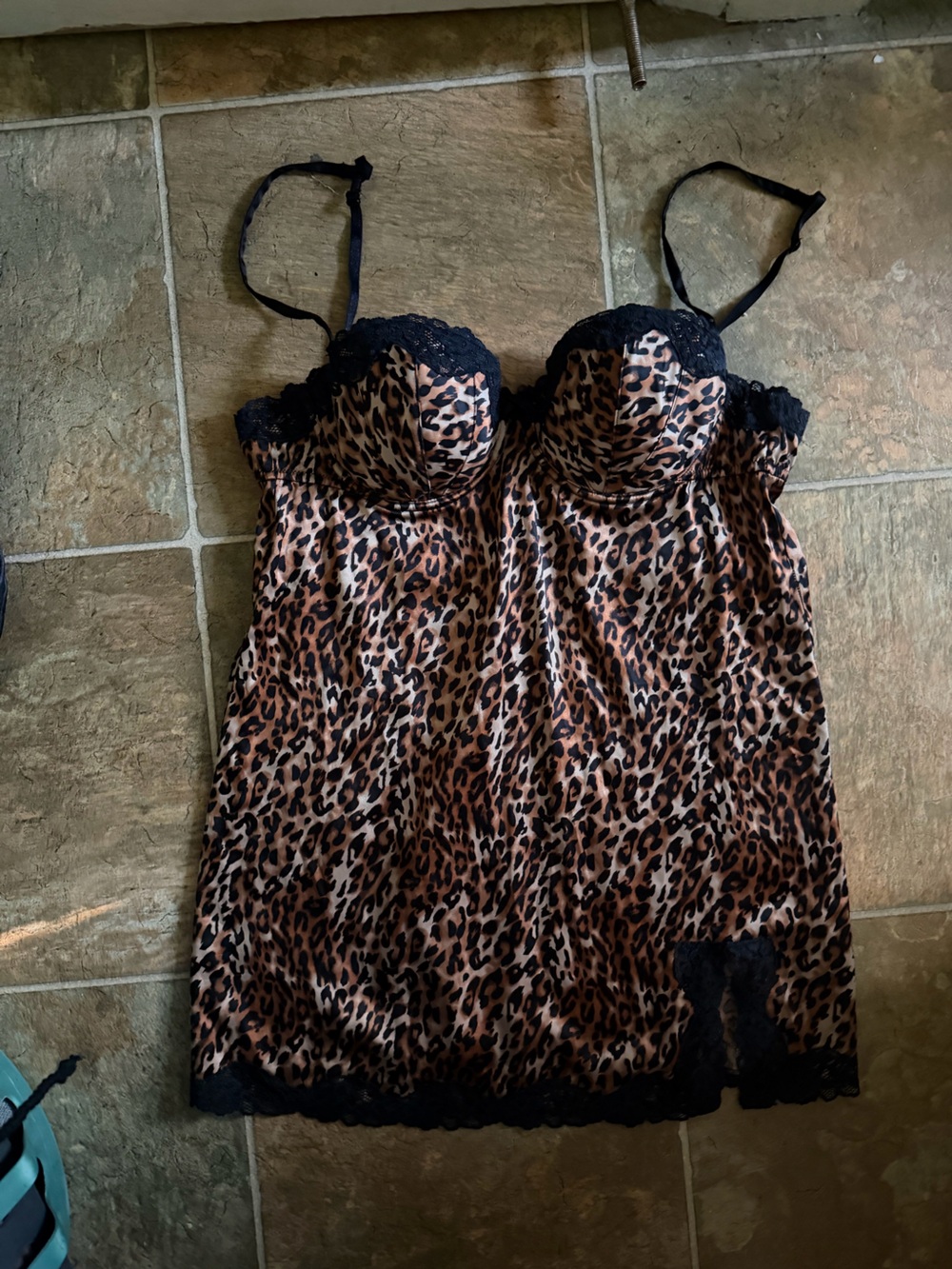 Leopard Print Satin Slip Dress with Black Lace Trim - Women